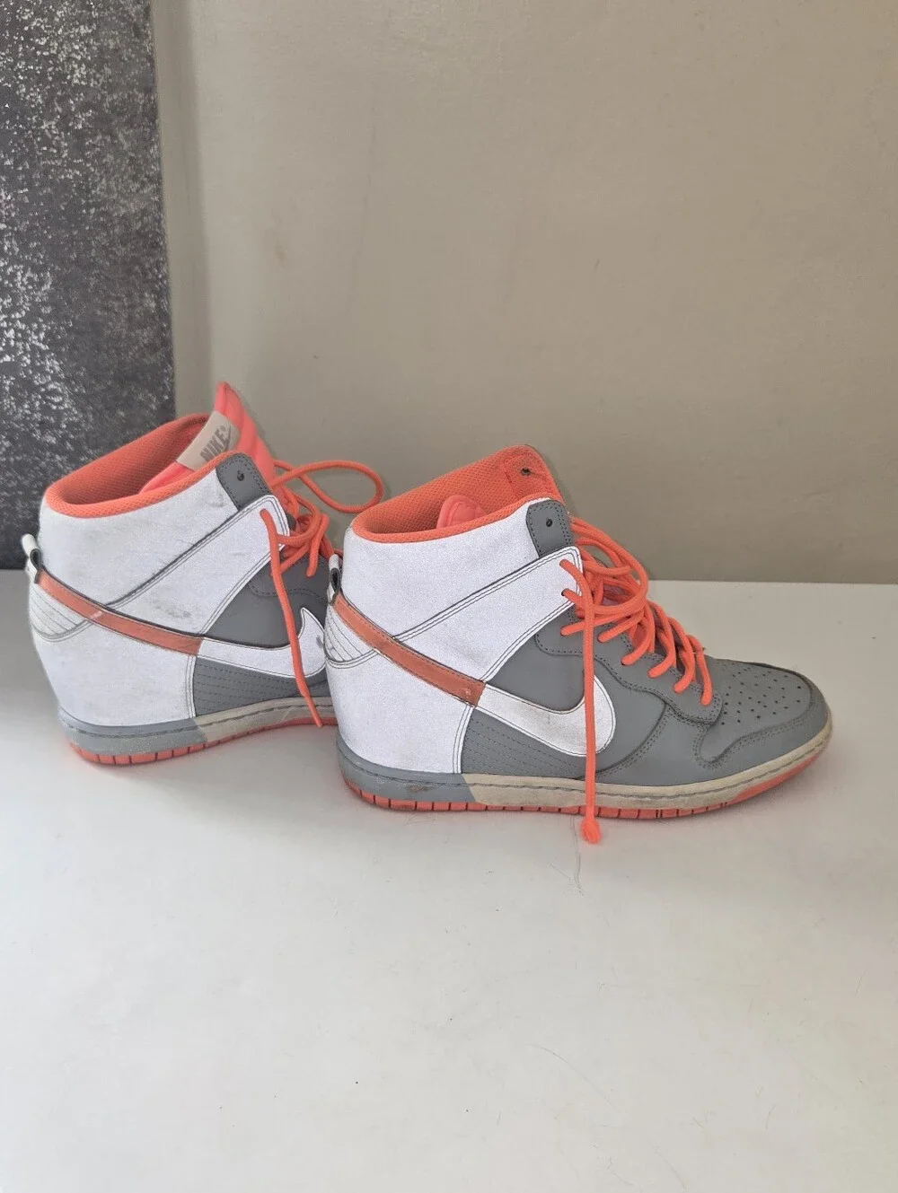 Nike Women's High-Top Wedge Sneakers in Gray and Coral Orange (Reflective)